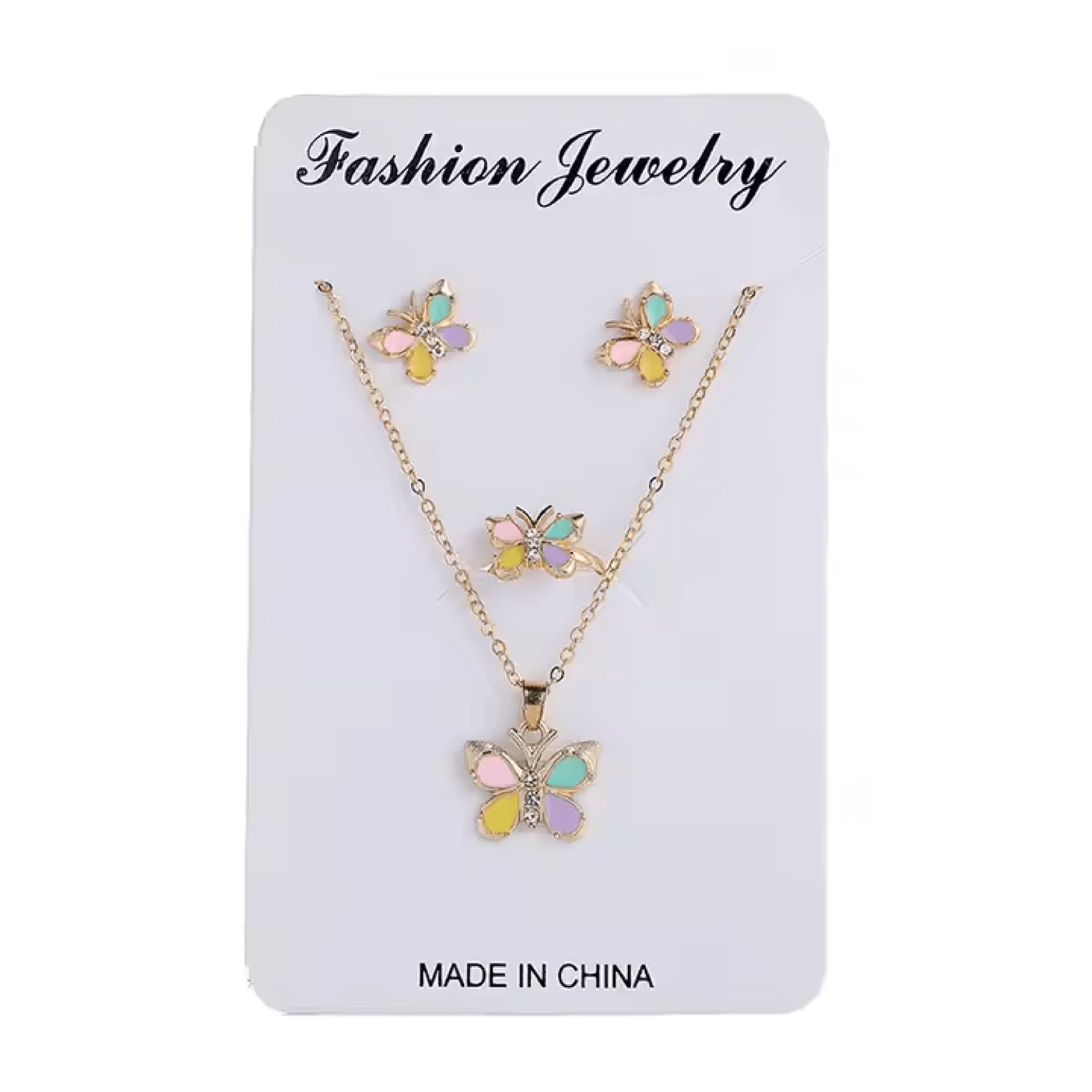 Colorful Butterfly Jewelry Set – Ring, Necklace & Earrings - Lion Wholesale