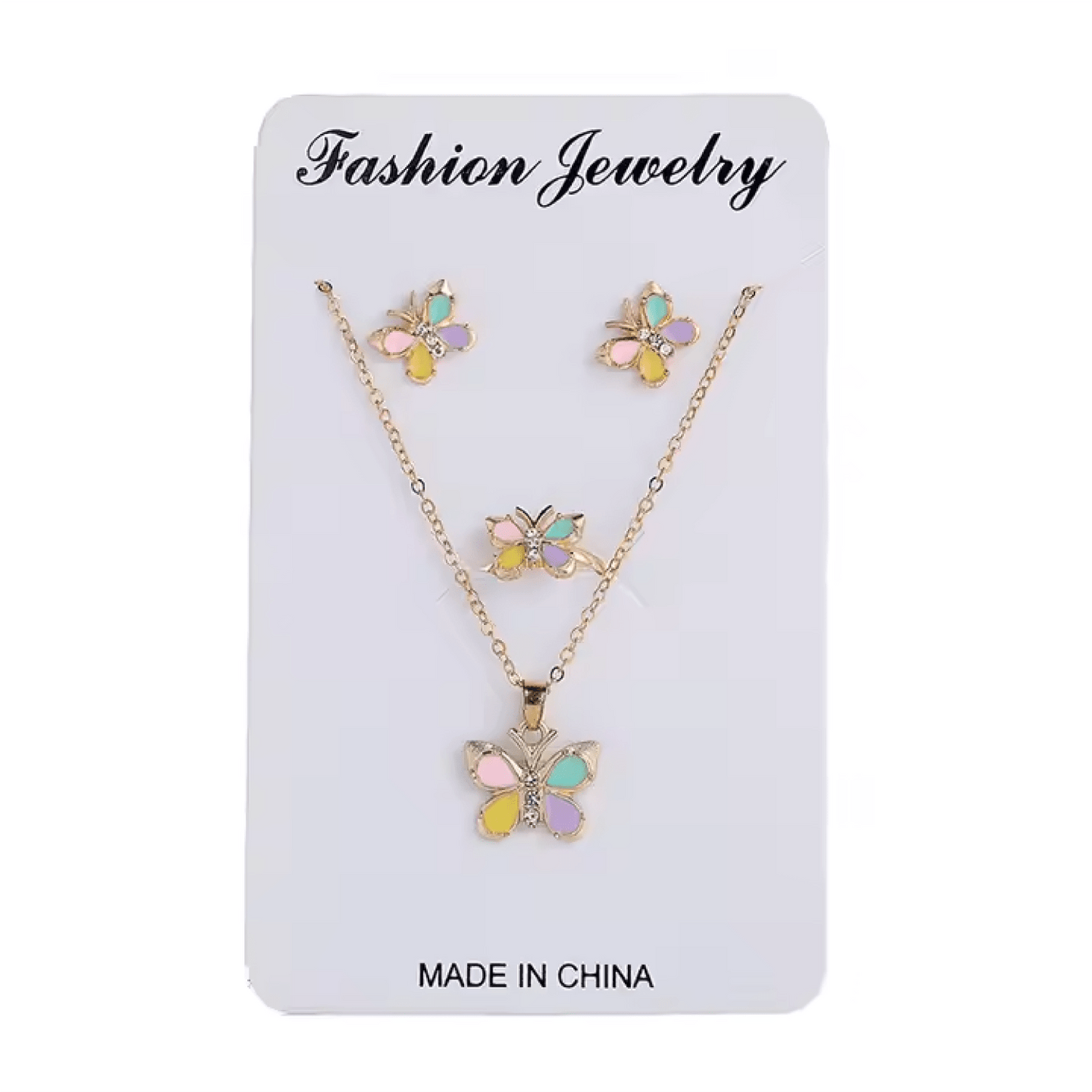 Colorful Butterfly Jewelry Set – Ring, Necklace & Earrings - Lion Wholesale