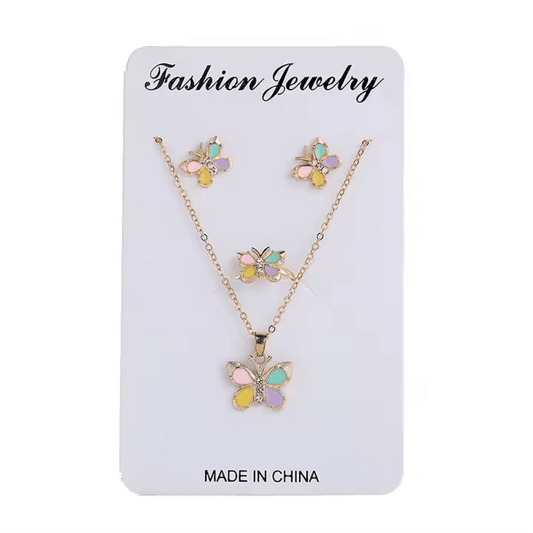 Colorful Butterfly Jewelry Set – Ring, Necklace & Earrings - Lion Wholesale