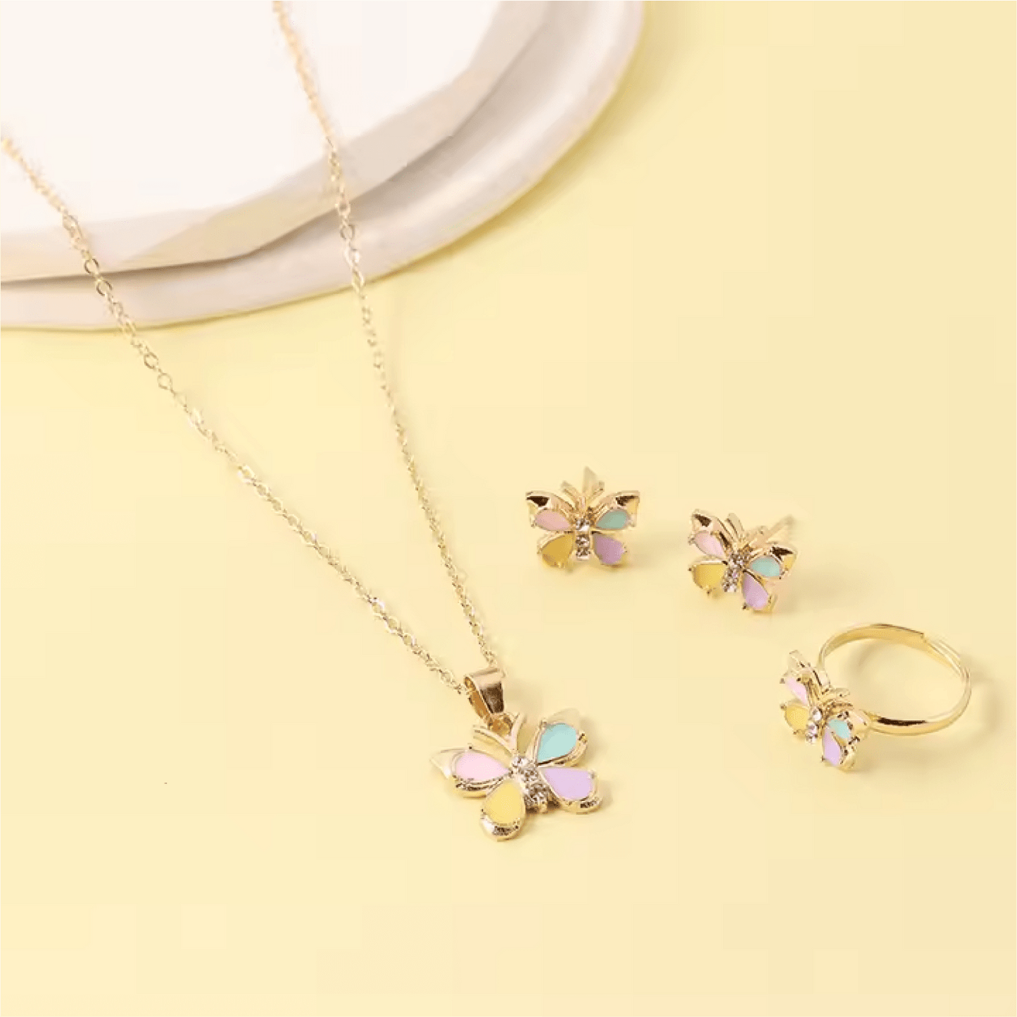 Colorful Butterfly Jewelry Set – Ring, Necklace & Earrings - Lion Wholesale