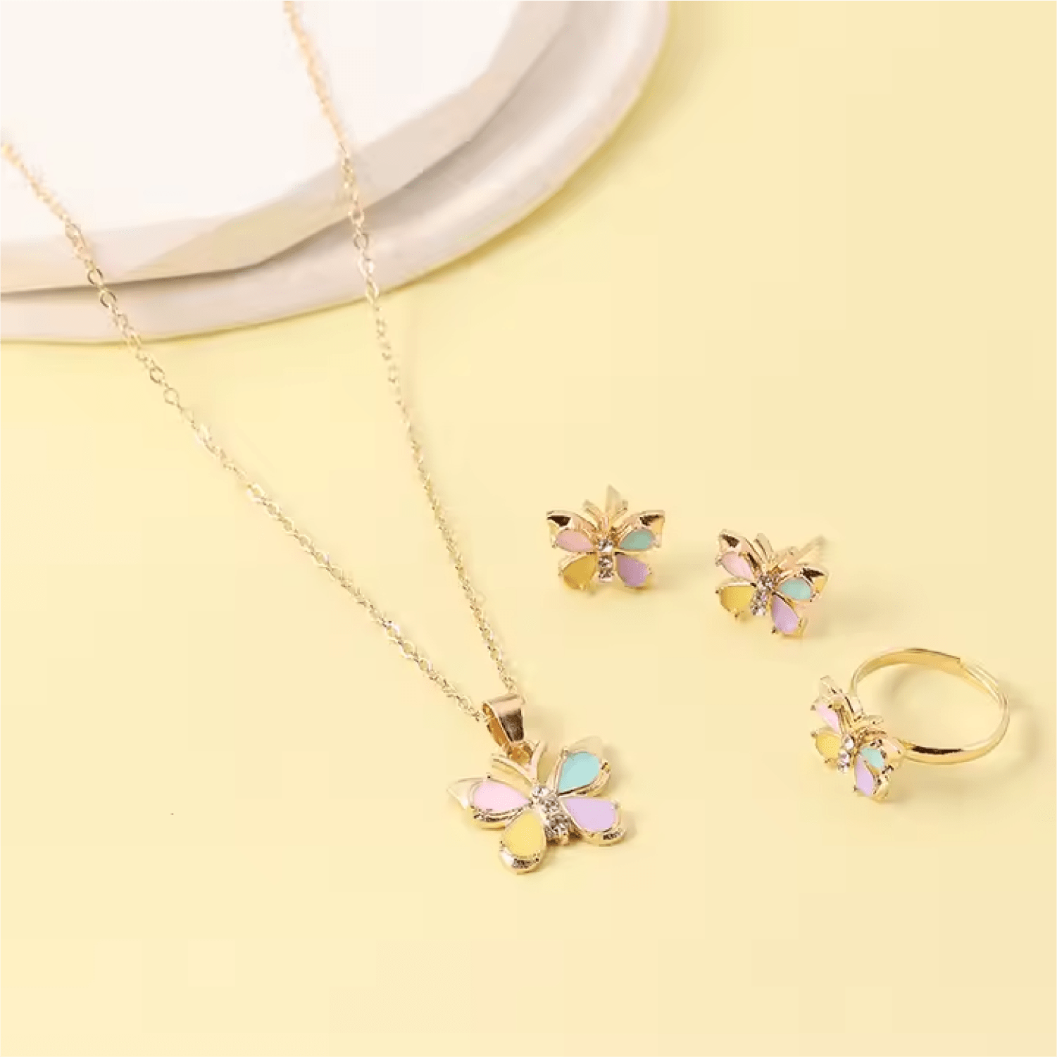 Colorful Butterfly Jewelry Set – Ring, Necklace & Earrings - Lion Wholesale