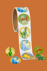 Roll of dinosaur-themed stickers with colorful designs on a orange background