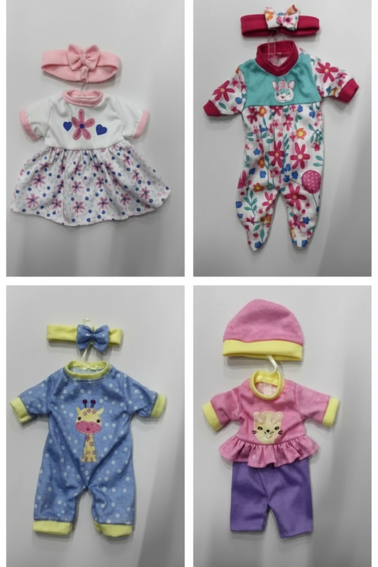Collection of baby outfits with floral patterns on a gray background