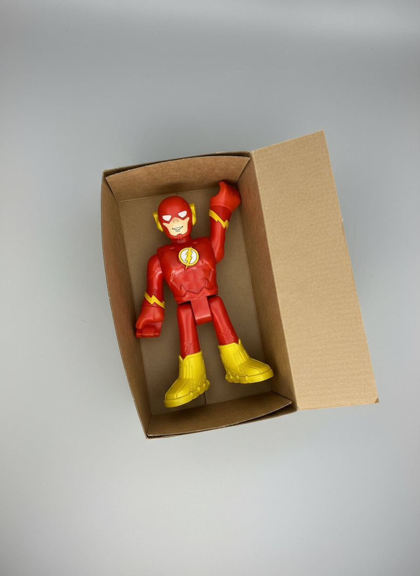 Red and yellow superhero action figure in a cardboard box