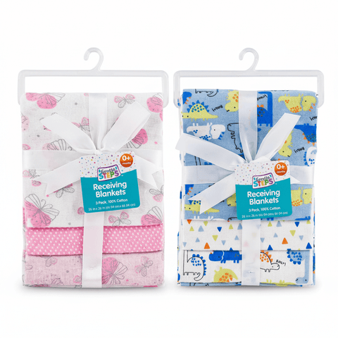 Gentle Steps Receiving Blankets 3-Pack – 26x26" 100% Cotton, Assorted Colors - Lion Wholesale
