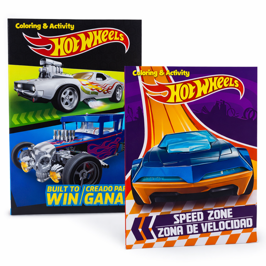 Two Hot Wheels coloring and activity books with car illustrations on a white background.