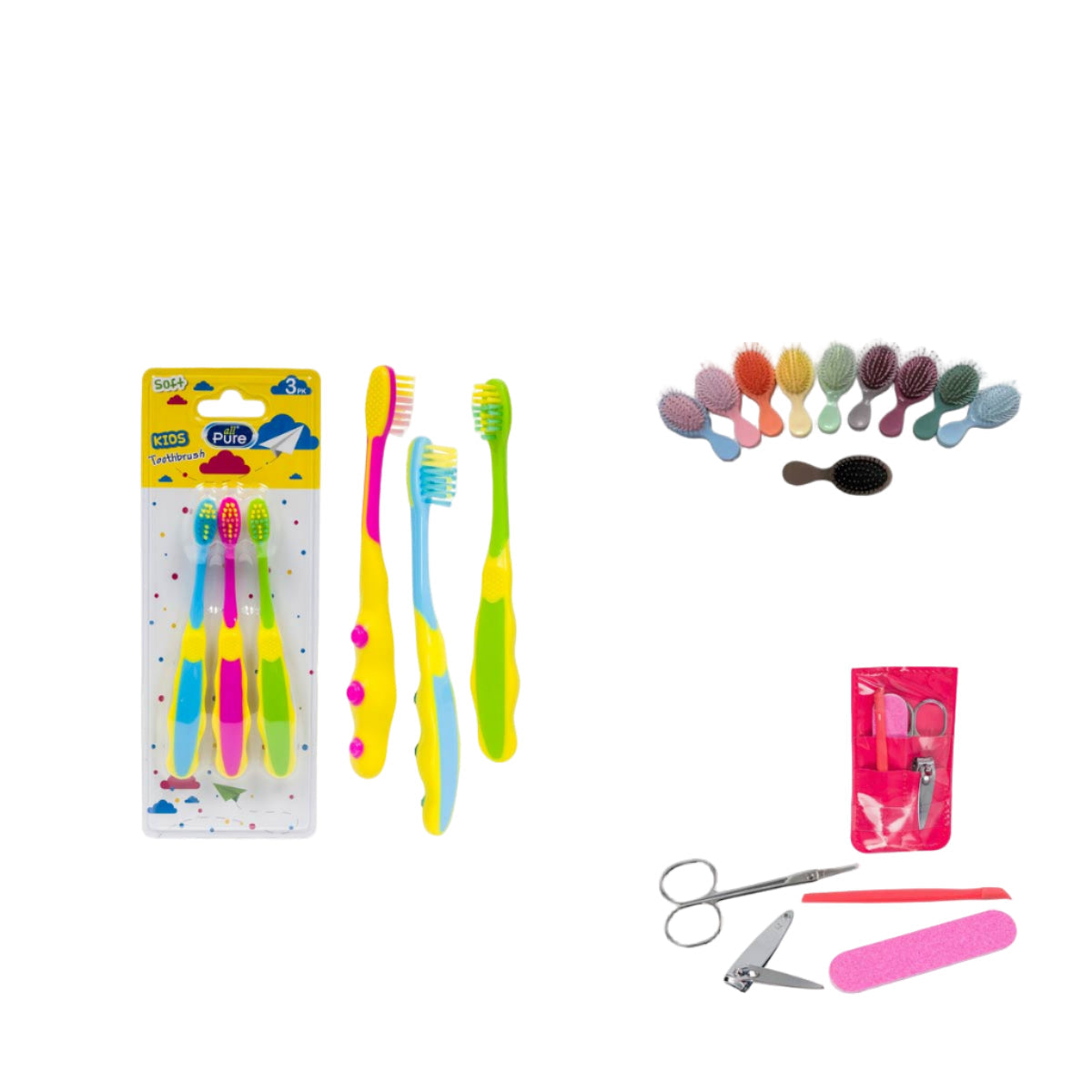 Hygiene kit with toothbrushes, comb, and other tools on a white background