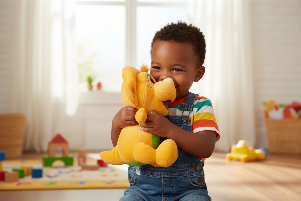 BJ Barney's World plush lifestyle photo with toddler in playroom
