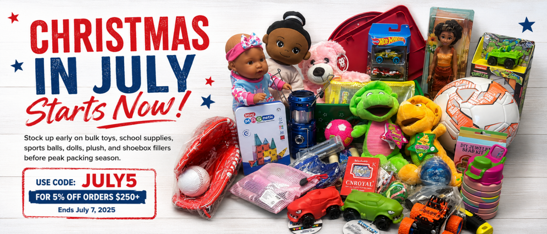 Christmas in July Banner with Toys in the image