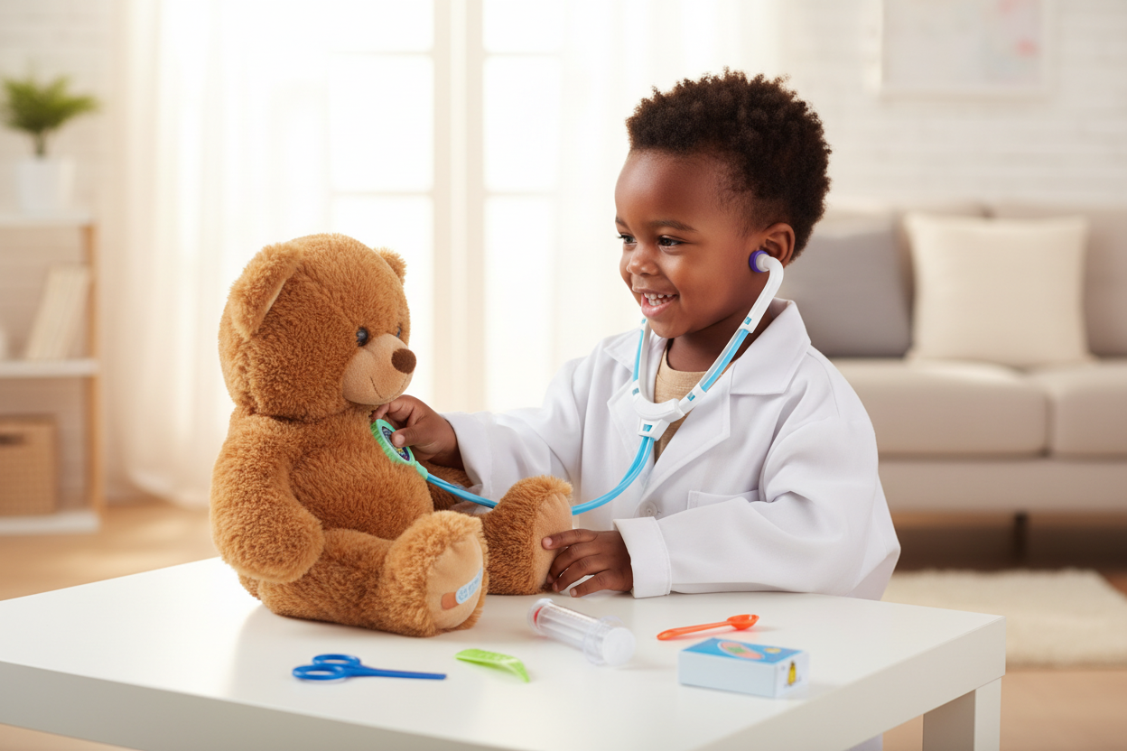 Kids Doctor Play Set Lifestyle - Child using stethoscope on teddy bear 
