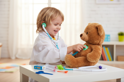 Kids Doctor Play Set, childing checking on teddy bear 