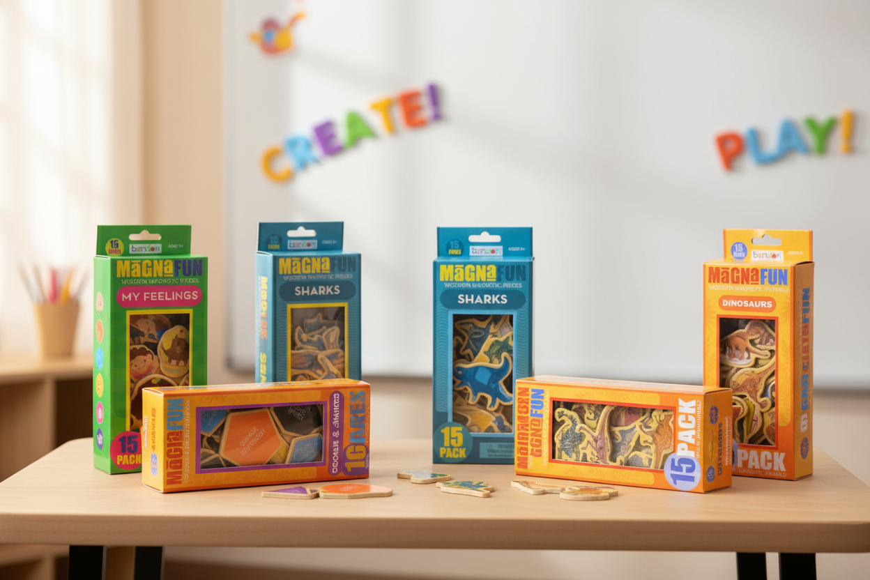  Boxes of magnets shaped like animals or shapes, on a desk in classroom