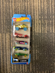 Hot Wheels 5-pack of 1:64 scale cars, randomly selected from HW City, X-Raycers, or Track Pack. Great for collectors or kids.