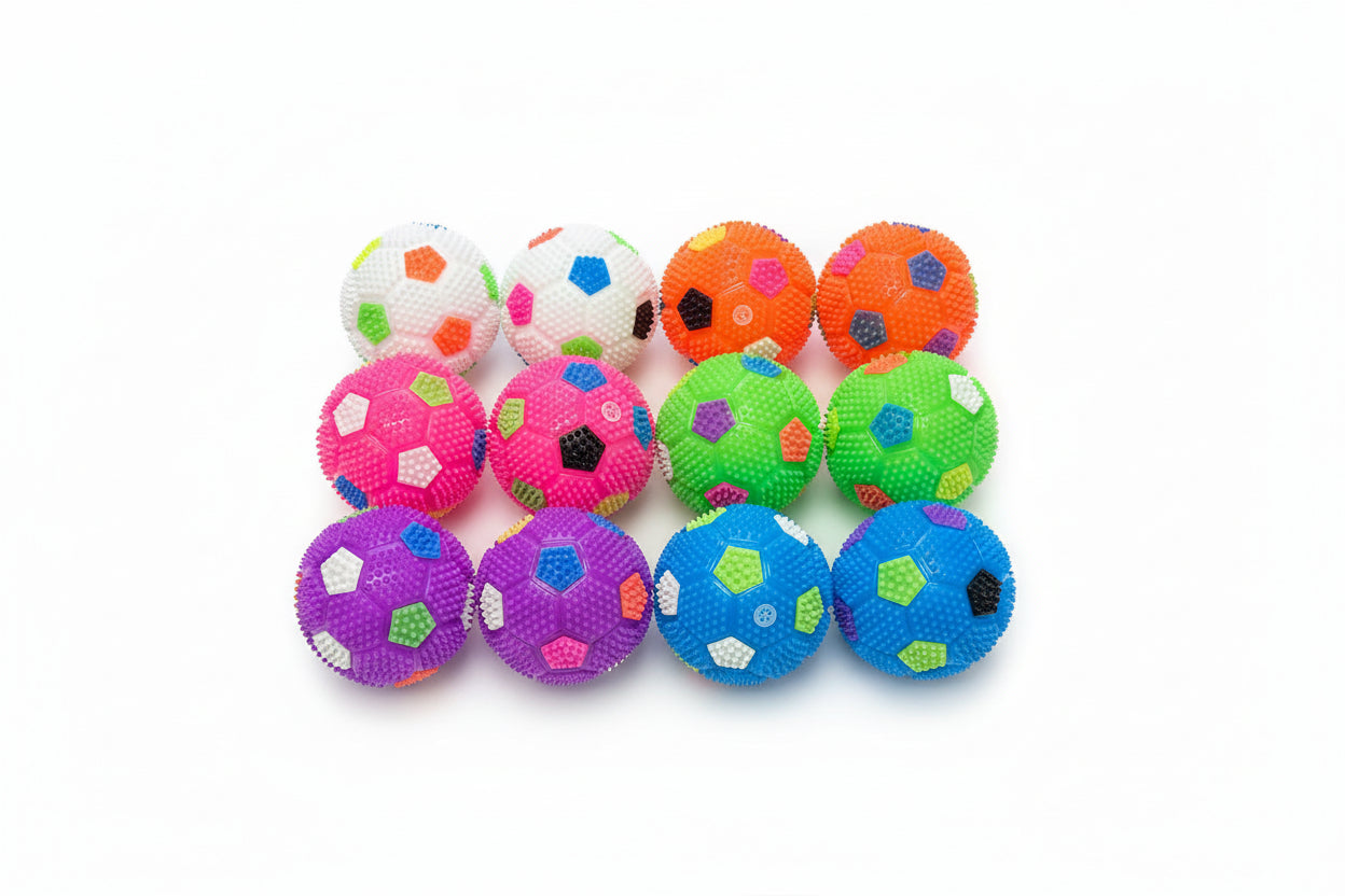 12 each mini 6.5cm soccer pattern LED Bouncy balls with spikes and squeaker inside on a white background