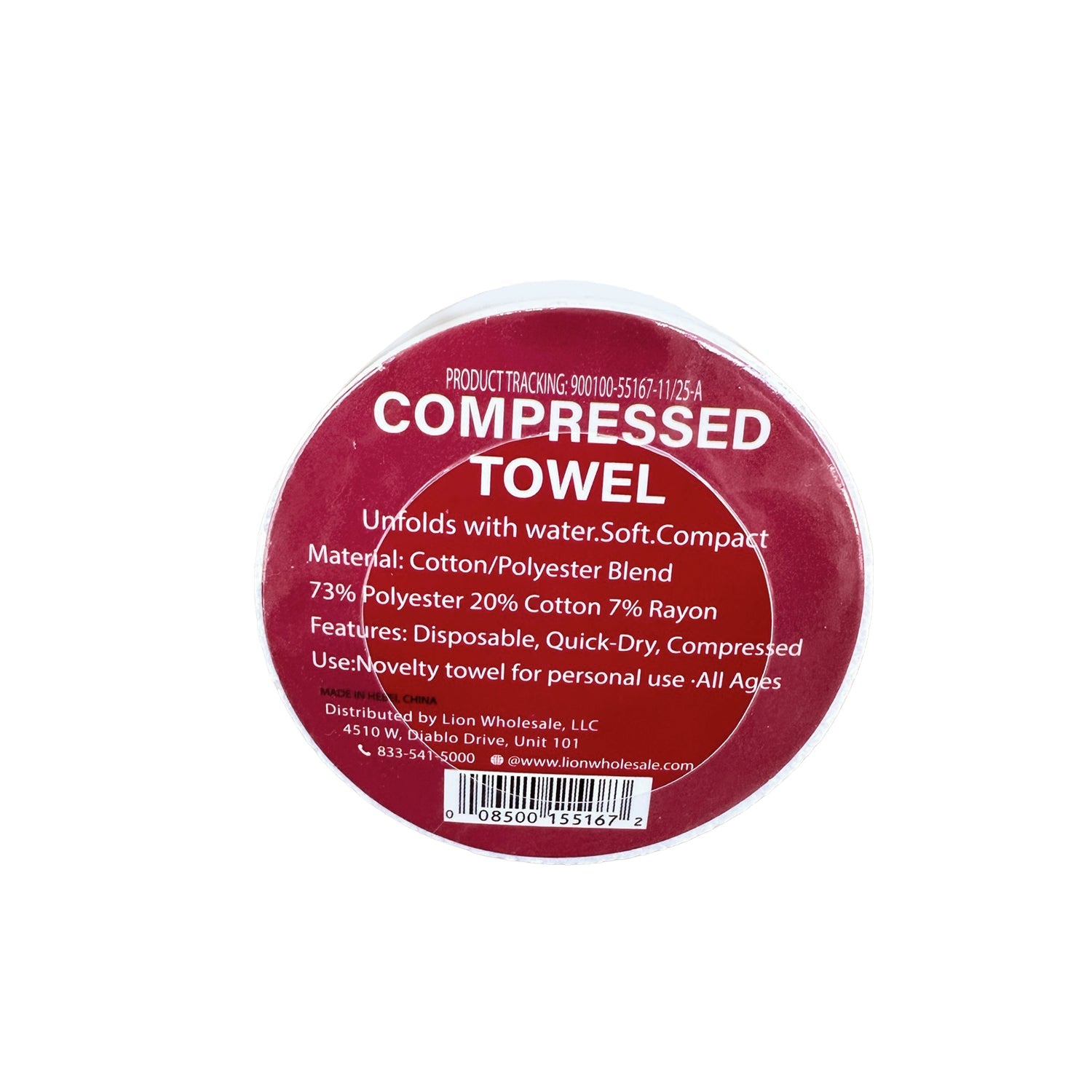 Compressed towel packaging with red label on a white background