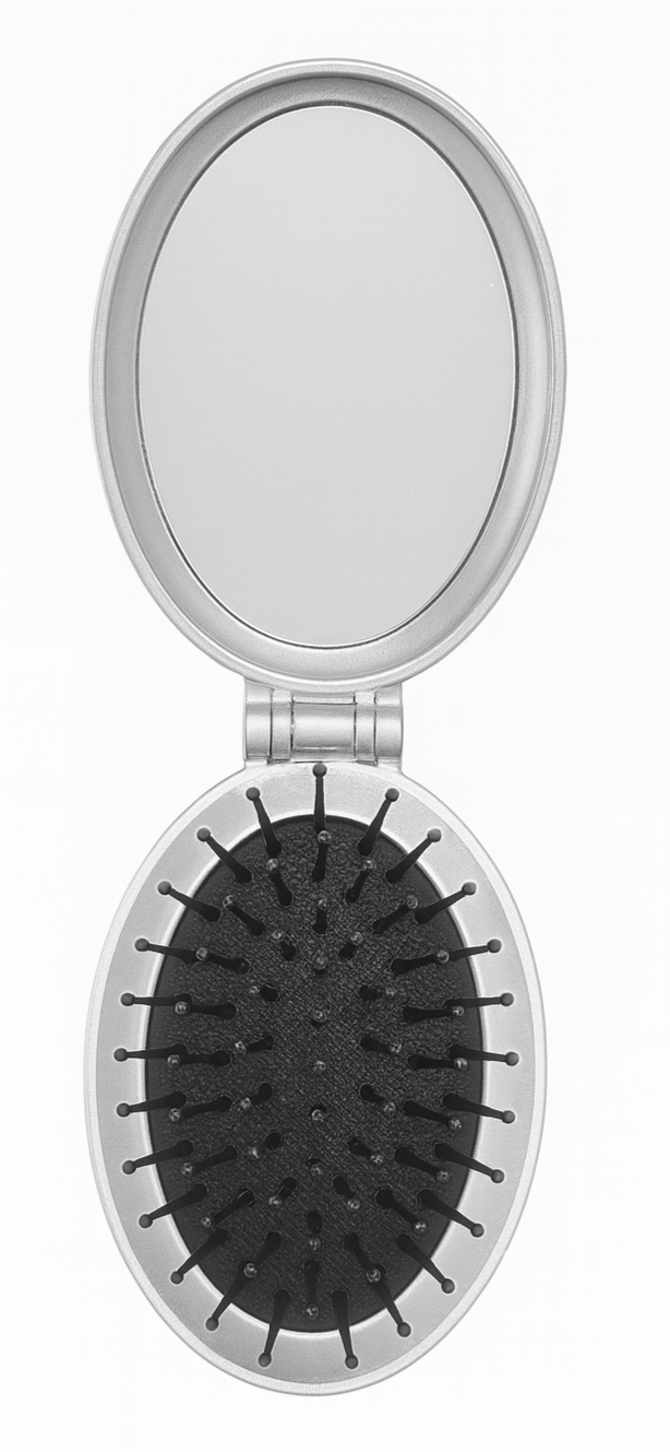 Compact mirror with black bristle brush on a white background