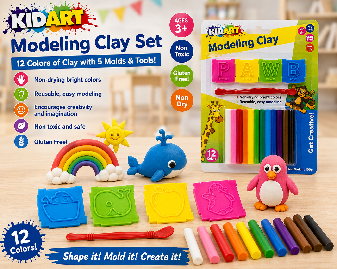 KIDART Modeling Clay Set shown on a light wood surface with the retail box, a rainbow, whale, penguin, clay molds, and a row of colorful clay sticks. The packaging and product display multiple bright colors and text including '12 Colors of Clay with 5 Molds & Tools!' and 'Ages 3+'.