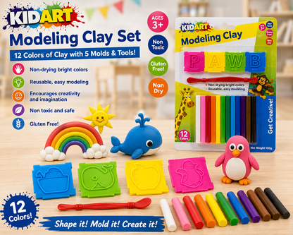 KIDART Modeling Clay Set shown on a light wood surface with the retail box, a rainbow, whale, penguin, clay molds, and a row of colorful clay sticks. The packaging and product display multiple bright colors and text including '12 Colors of Clay with 5 Molds & Tools!' and 'Ages 3+'.