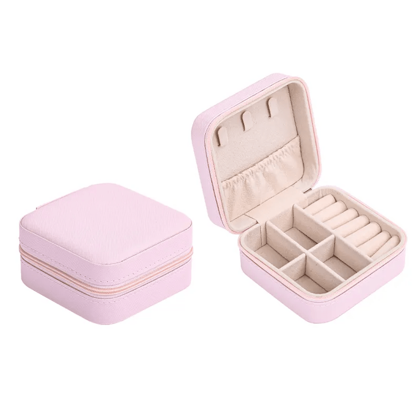 Pre - Order | Portable Jewelry Box 3 - 3/4 x 3 - 3/4 x 1 - 7/8 PU Leather with Zipper - April 2025 - Lion Wholesale