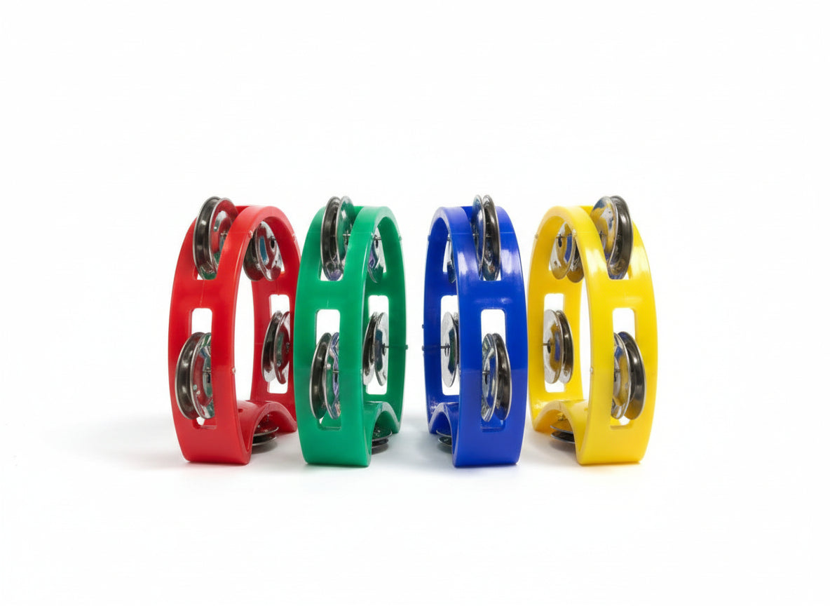 Four colorful plastic handcuffs on a White background