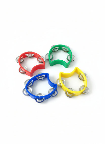 Four colorful cat-shaped tambourines on a White background