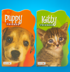 Two book covers titled 'Puppy Friends' and 'Kitty Friends' with a dog and cat on a blue background.