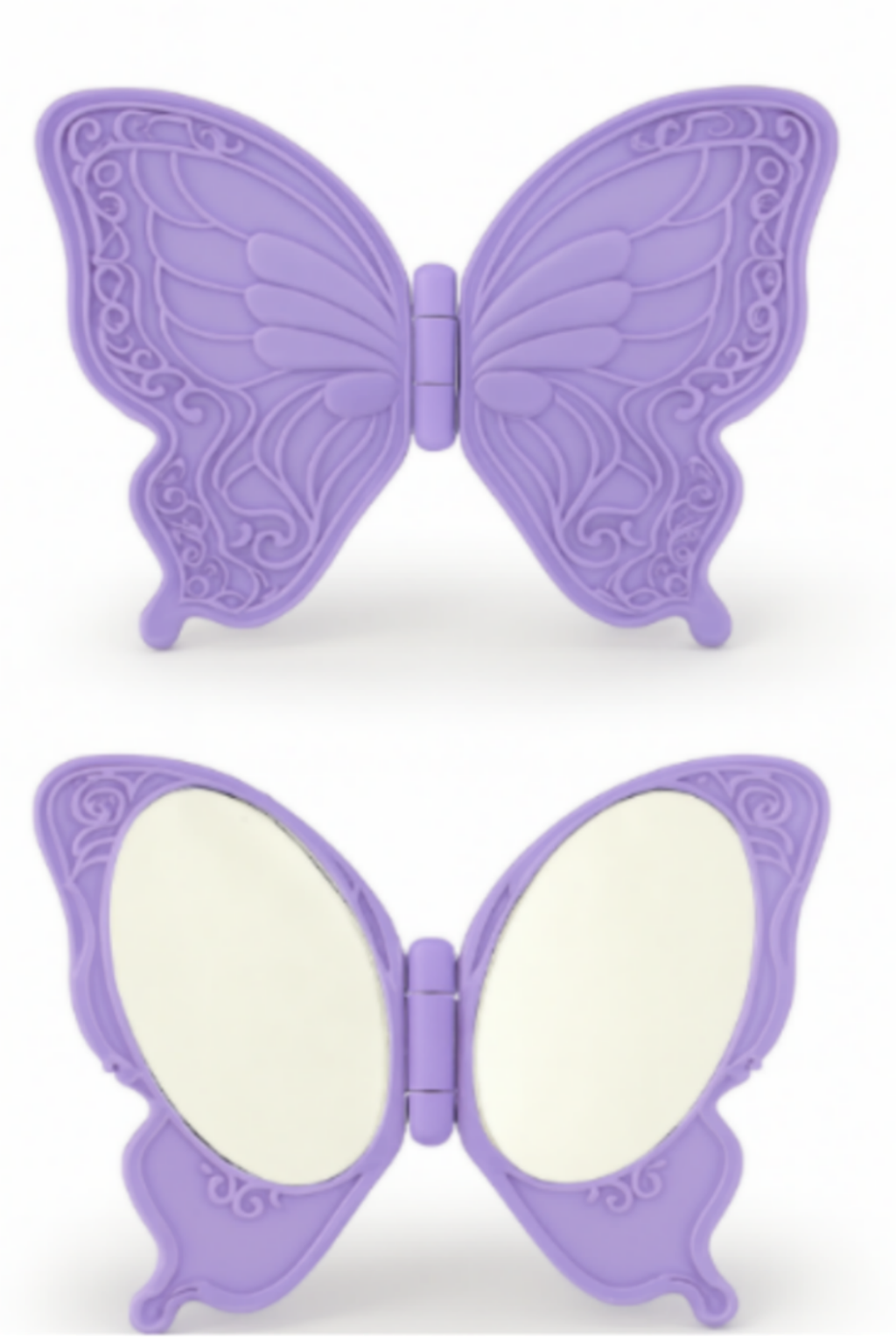 Two purple butterfly-shaped mirrors on a white background