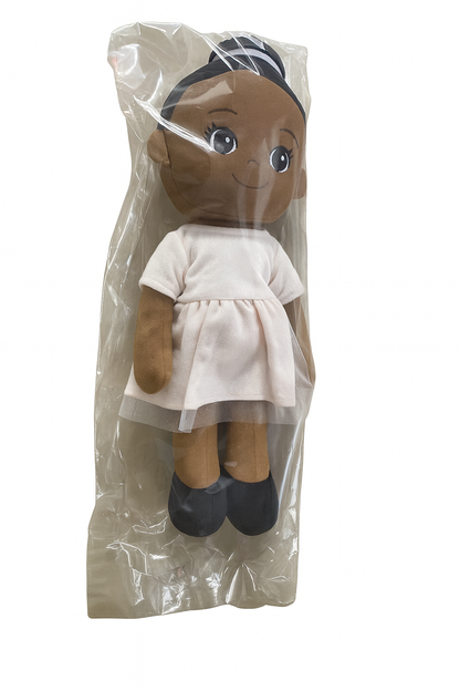 Plush toy in a clear plastic bag on a white background