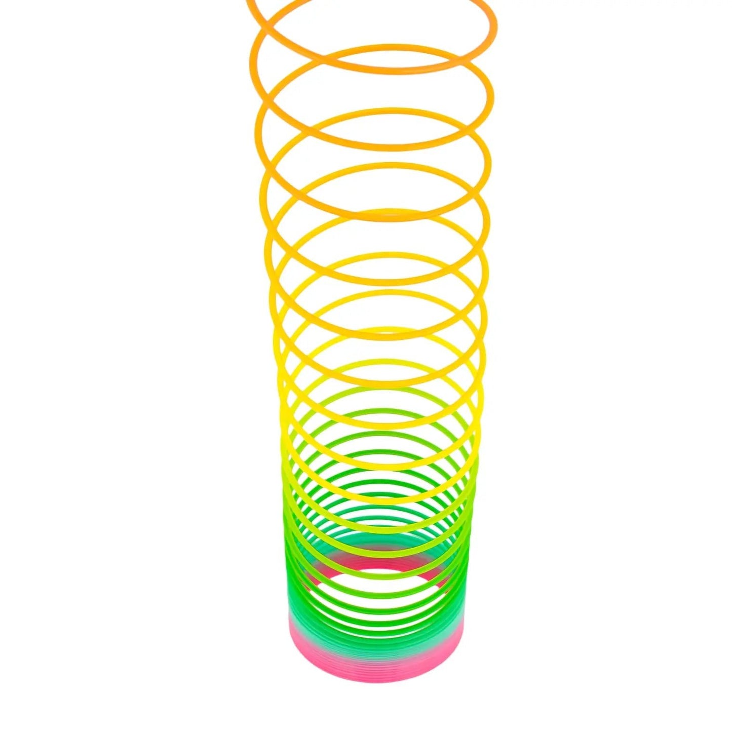 Colorful spring toy with yellow, green, and pink colors on a white background.