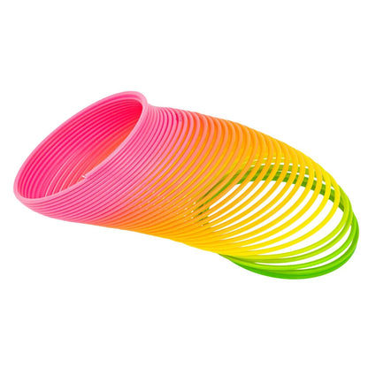 Neon pink, orange, and green slinky toy on a white background