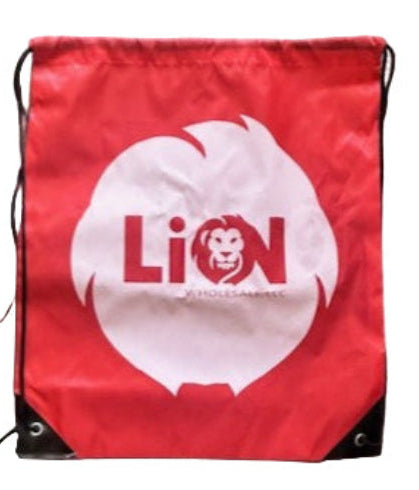 Red bag with a white logo on a textured gray surface