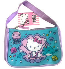 Hello Kitty mini shoulder purse in blue with colorful aquatic designs, featuring Hello Kitty in a shell with sea creatures.
