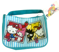 Hello Kitty mini shoulder purse featuring colorful artwork of Hello Kitty, My Melody, and friends on a striped background.