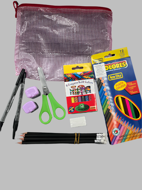 Stationery items including pencils, scissors, and colored pencils on a gray surface with a mesh bag.