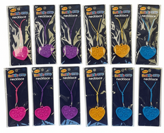 Twelve packages of bubble wrap necklaces with heart-shaped poppers on a white background