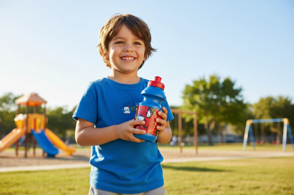 Child in playground holding a spiderman water bottle 