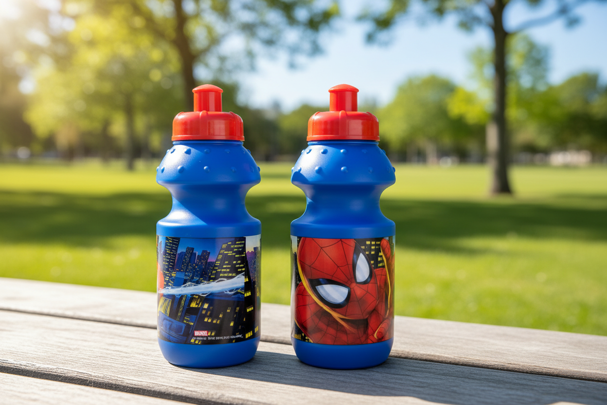 Spider-Man Water Bottles on a table with a  Park Background