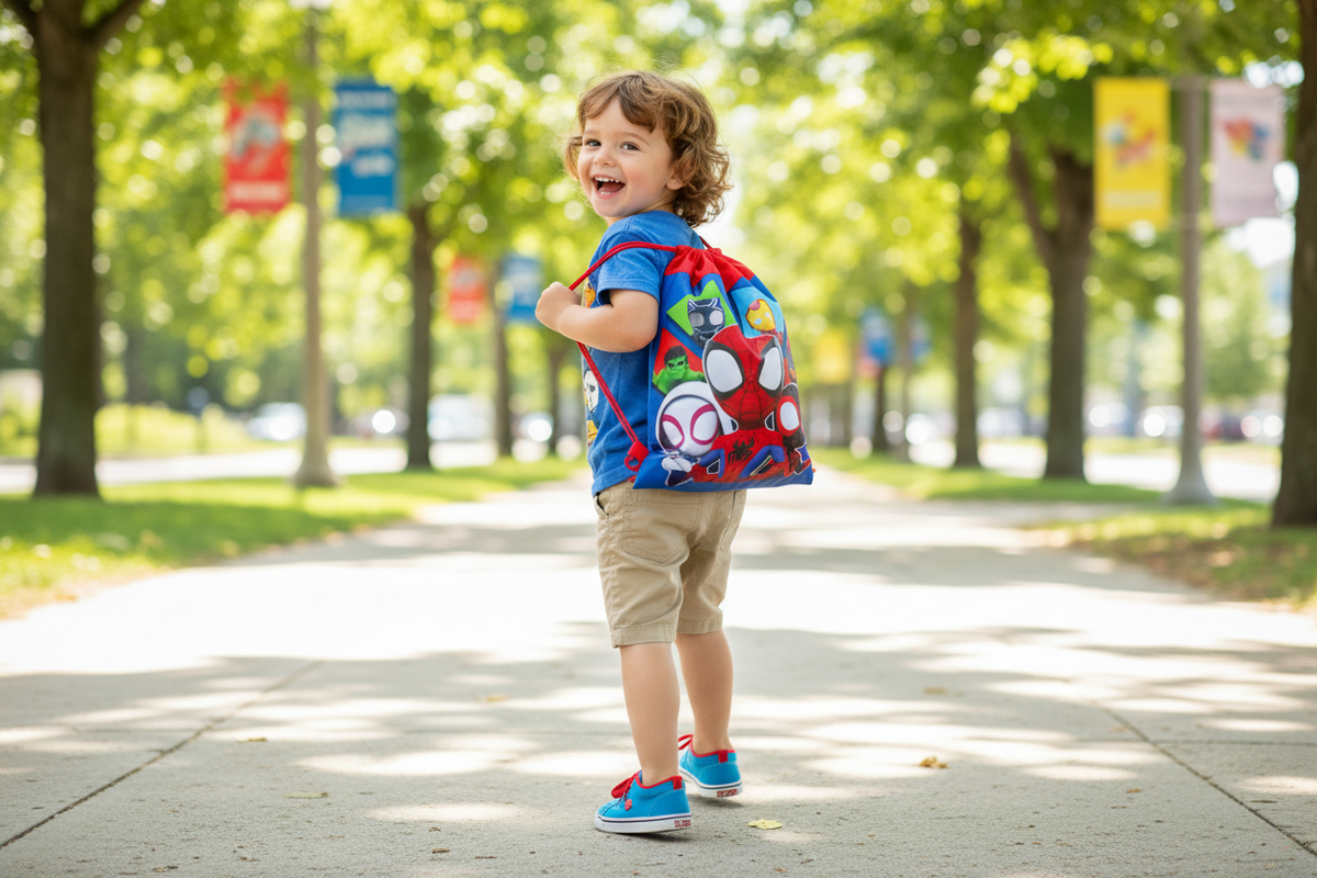 Child walking on sidewalk holding Spidey & Friends Sling Bag  on his back 