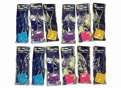 Twelve bubble pop necklaces in different colors with packaging on a white background