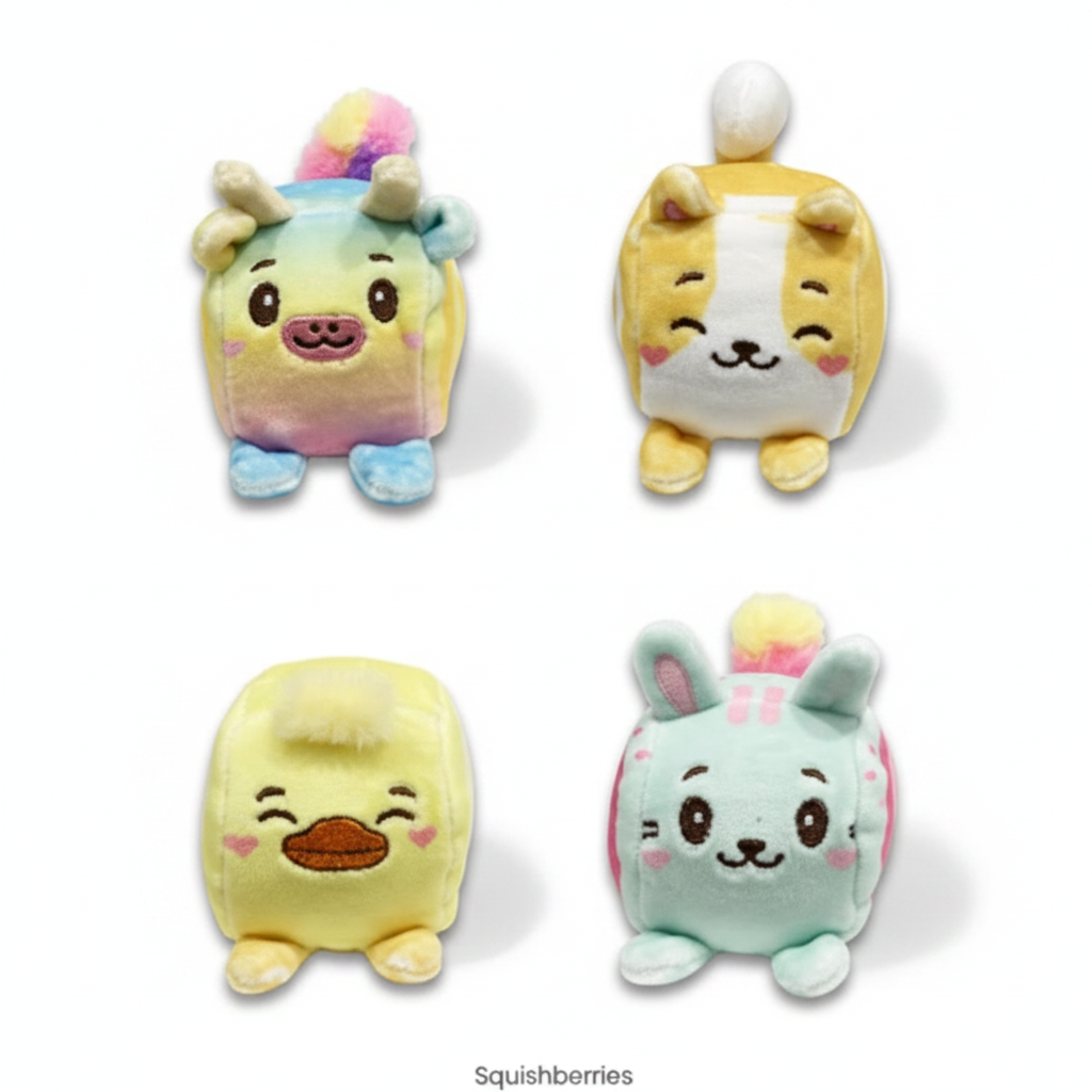 Squishberries  squeeze toy with four different animals on white background 