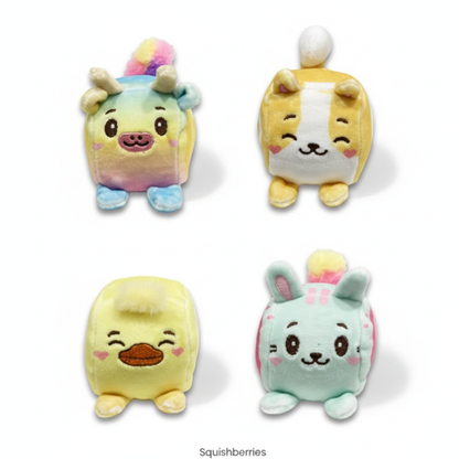 Squishberries  squeeze toy with four different animals on white background 