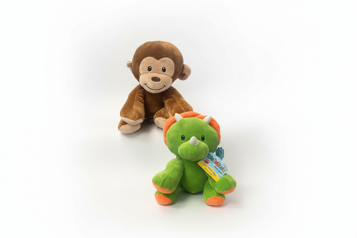Plush monkey toy held by a hand next to a green dinosaur toy on a white background