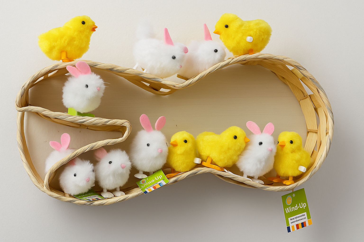 Selection of wind up chicks and bunnies sitting on a rabbit shaped basket